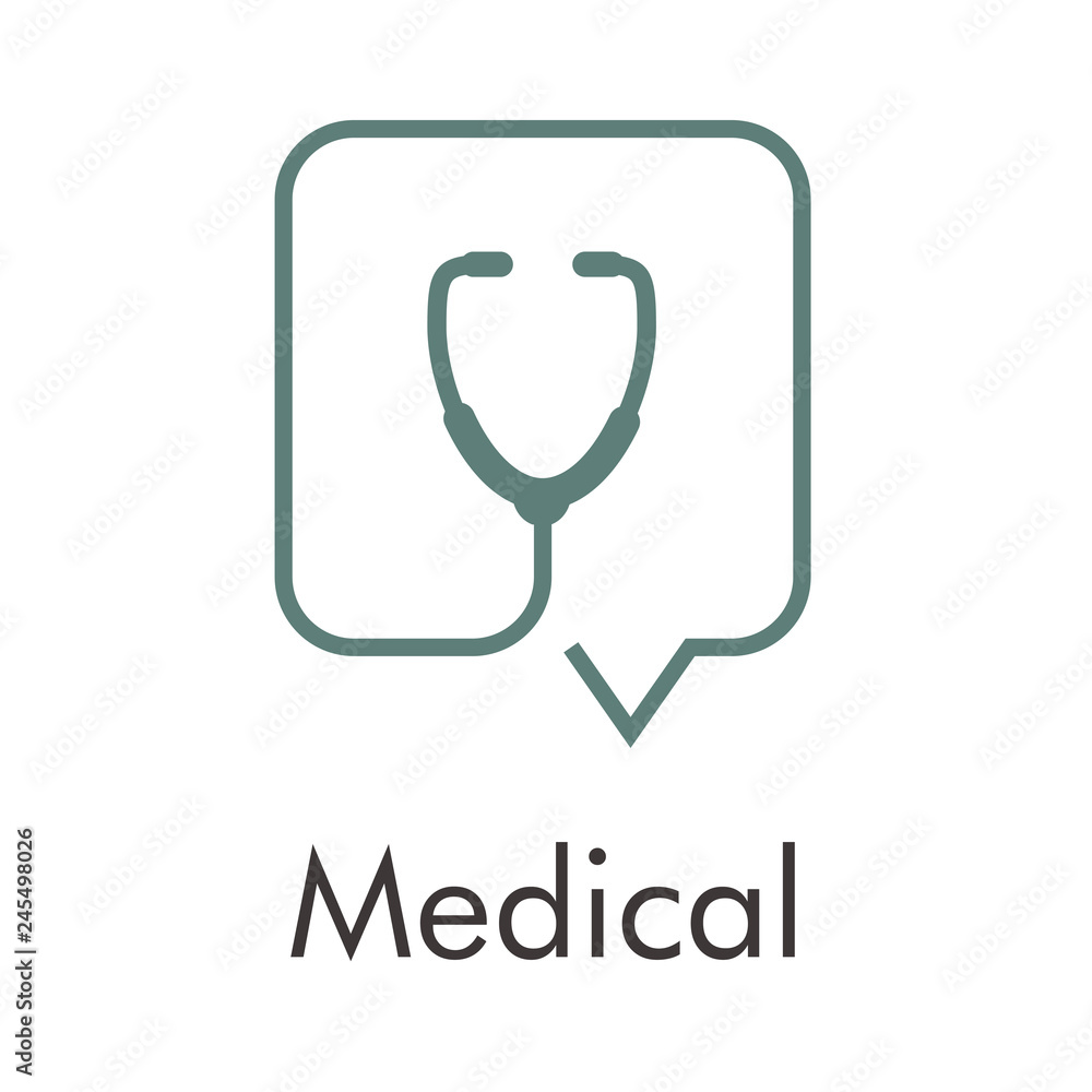 Logotipo abstracto con texto Medical con comentario lineal con estetoscopio gris Logotipo abstracto con texto Medical con comentario lineal con estetoscopio gris