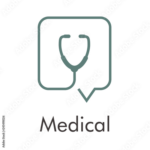 Logotipo abstracto con texto Medical con comentario lineal con estetoscopio gris