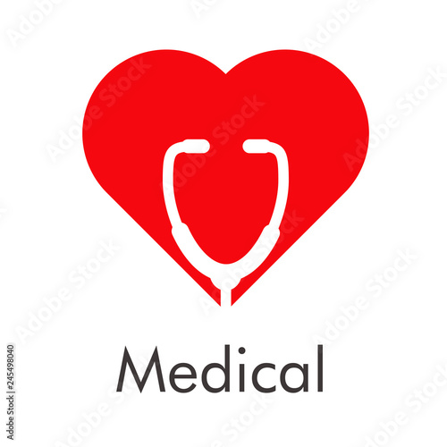 Logotipo abstracto con texto Medical con corazón rojo con estetoscopio en espacio negativo