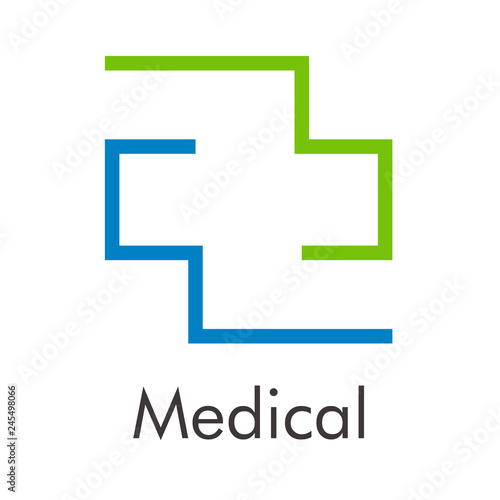 Logotipo abstracto con texto Medical con cruz lineal dividida en azul y verde