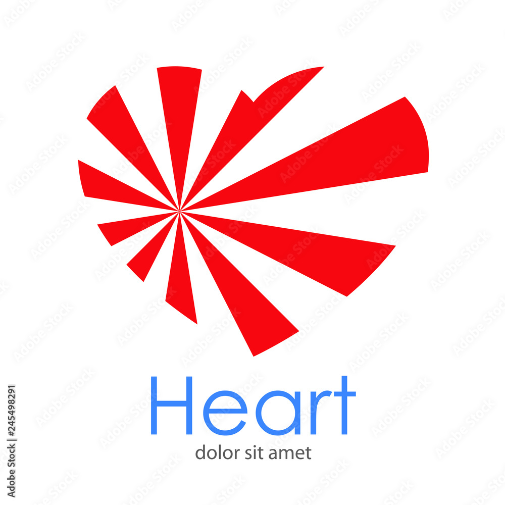 Logotipo abstracto con texto Heart con corazón en rojo con líneas convergentes al lado  espacio negativo