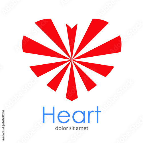 Logotipo abstracto con texto Heart con corazón en rojo con líneas convergentes al centro en espacio negativo