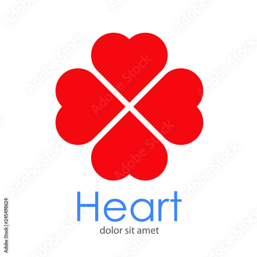 Logotipo abstracto con texto Heart con 6 corazones color rojo como hojas de trébol
