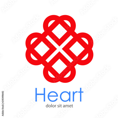 Logotipo abstracto con texto Heart con 4 corazones color rojo entrelazados