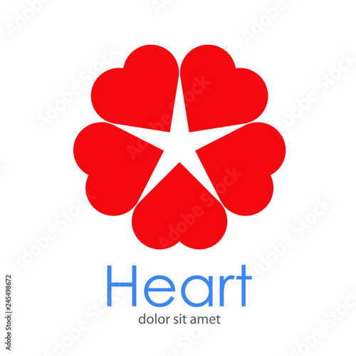 Logotipo abstracto con texto Heart con 5 corazones color rojo como estrella en espacio negativo