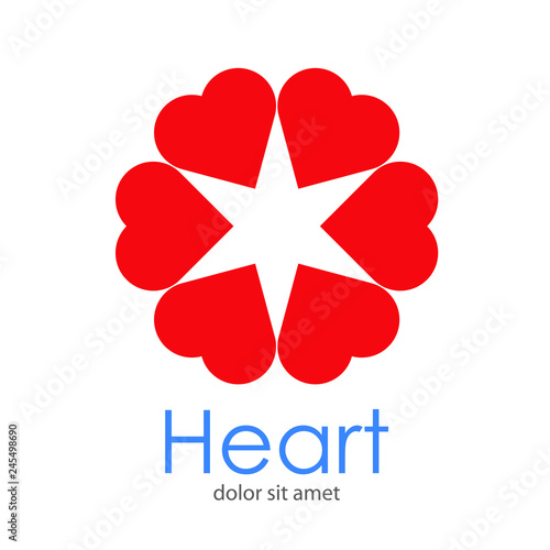 Logotipo abstracto con texto Heart con 6 corazones color rojo como estrella en espacio negativo