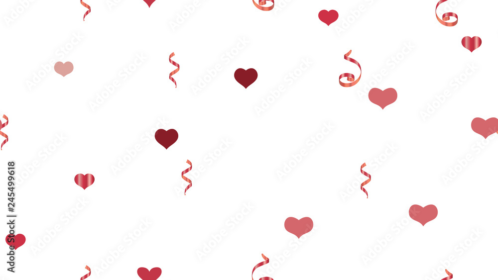 Vector Seamless Pattern on a White Background. The idea of packaging, textiles, wallpaper, banner, printing. Flying Red confetti. Light Pattern of Hearts and Serpentine.