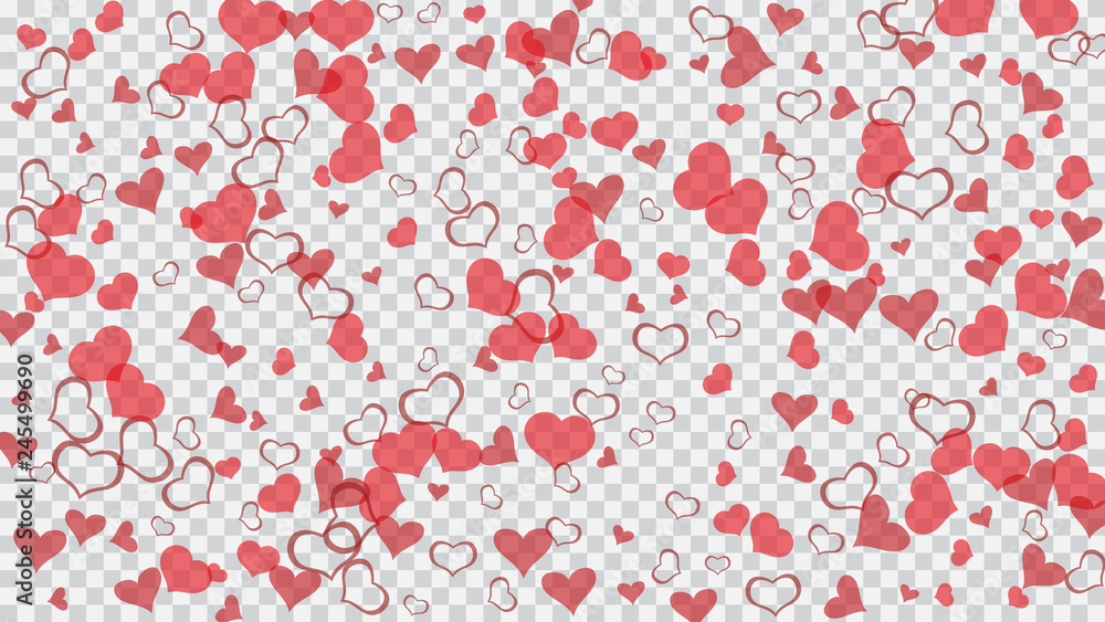 Spring background. The idea of wallpaper design, textiles, packaging, printing, holiday invitation for Valentine's Day. Red on Transparent fond Vector. Red hearts of confetti are flying.