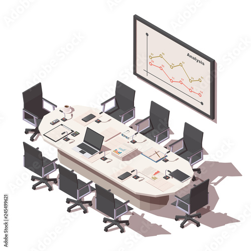 Office conference room. Table with office items and projector screen. Business meeting icon. Vector isometric illustration