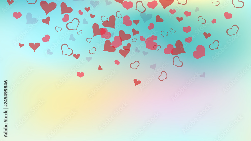 Red on Gradient background Vector. Red hearts of confetti are flying. A sample of wallpaper design, textiles, packaging, printing, holiday invitation for Valentine's Day. Happy background.
