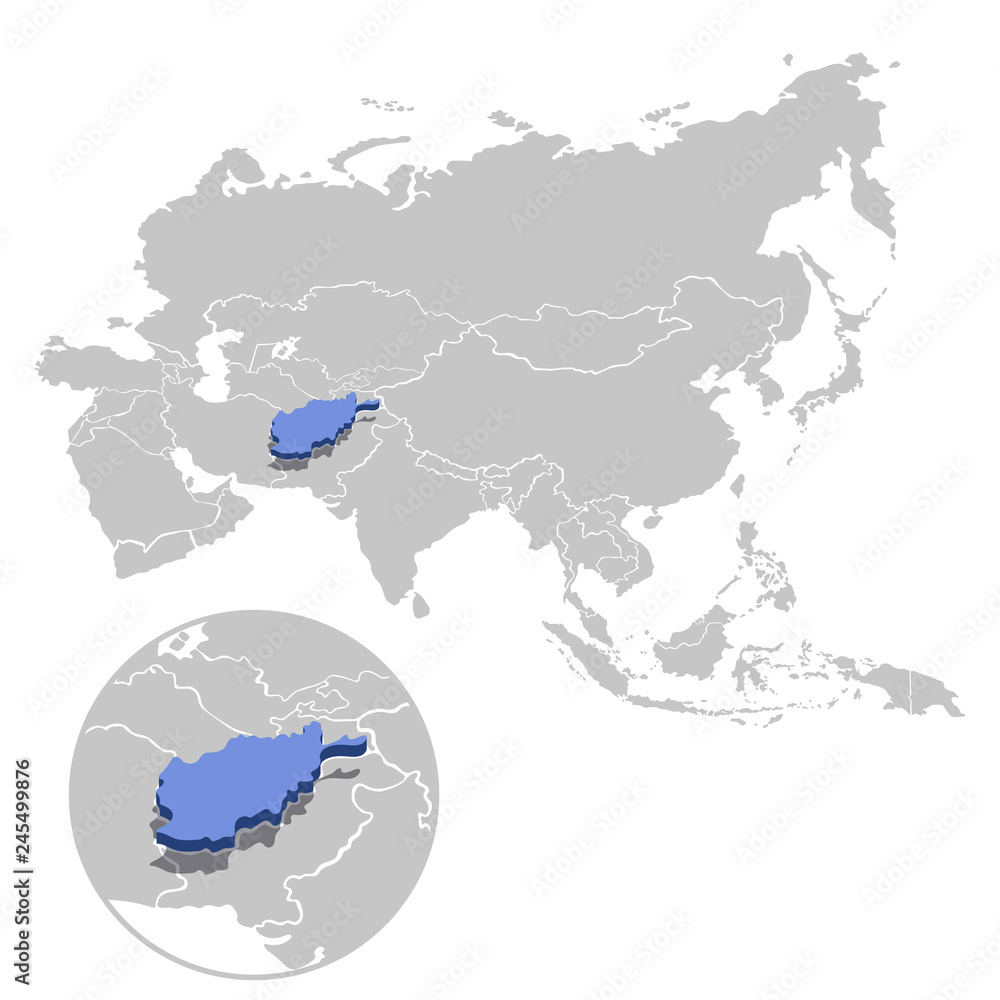 Fototapeta premium Vector illustration of Afghanistan in blue on the grey model of Asia map with zooming replica of country.