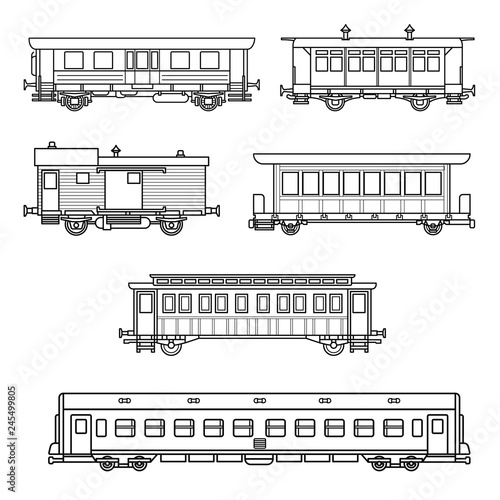 Set of passanger train railcar. Old wagon. Vector line icon