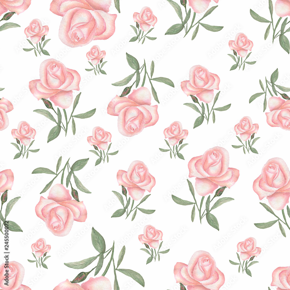 Watercolor seamless pattern with luxery flowers. Roses and herbs. Hand drawn.Vintage style.Seamless spring and summer pattern.Pale pink rose.Romantic garden flowers illustration. Faded colors.