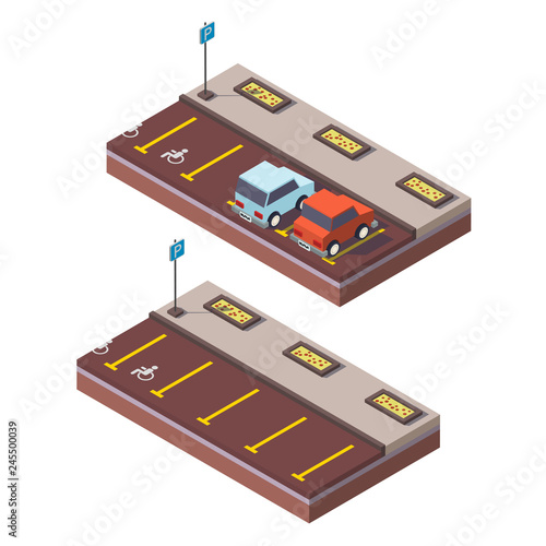 Isometric vector illustration small parking space with cars. Flat illustration 3d icon for web. Isolate background. EPS 10