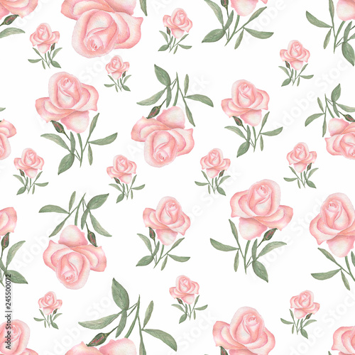 Watercolor seamless pattern with luxery flowers. Roses and herbs. Hand drawn.Vintage style.Seamless spring and summer pattern.Pale pink rose.Romantic garden flowers illustration. Faded colors.