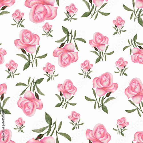 Floral seamless pattern with watercolor roses in pink rose color and green leaves. cute flowers seamless pattern.Hand drawn background. for wallpaper or fabric.