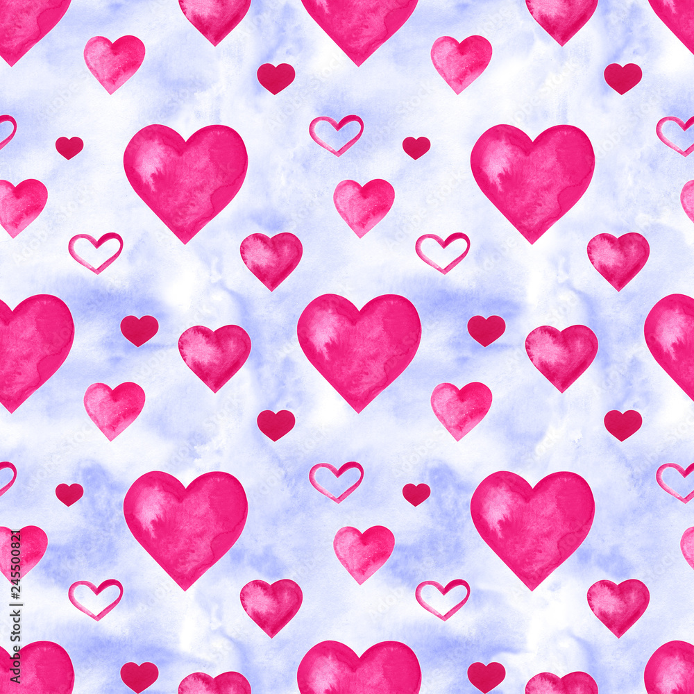 Beautiful illustration Seamless pattern with pink watercolor hearts. Background romantic design. for greeting cards and invitations of the wedding, birthday, Valentine's Day, mother's day