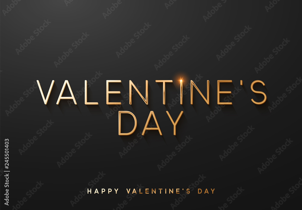 Valentines day. Sale banner, poster, logo golden color on dark background. Bright glitters gold font text