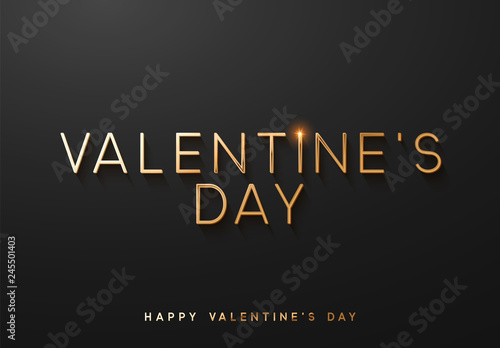 Valentines day. Sale banner, poster, logo golden color on dark background. Bright glitters gold font text