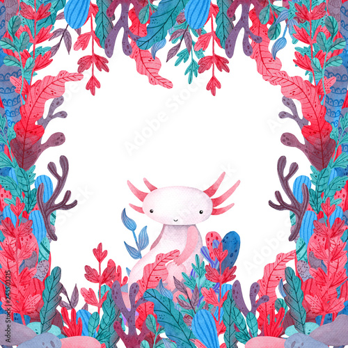 Colorful water plants and sea weed frame with cute axolotl