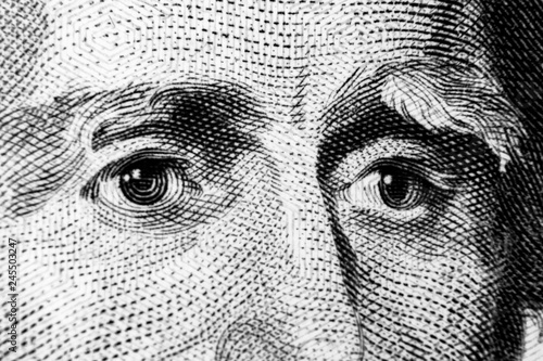 Close up view Portrait of Andrew Jackson on the one twenty dollar bill. Background of the money. 20 dollar bill with Andrew Jackson eyes macro shot. Money background. Face portrait. Black and white
