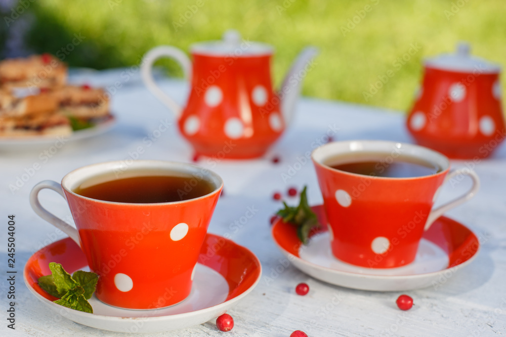 Time to drink tea outdoors in the garden. Summertime scene Time to drink tea outdoors in the garden. Summertime scene