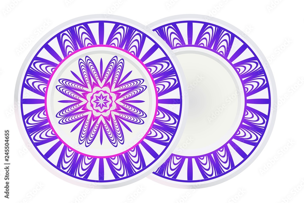 Mandala circular abstract floral lace pattern. Set of 2 matching decorative plates. Decorative mandala ornament. Vector illustration. Purple color