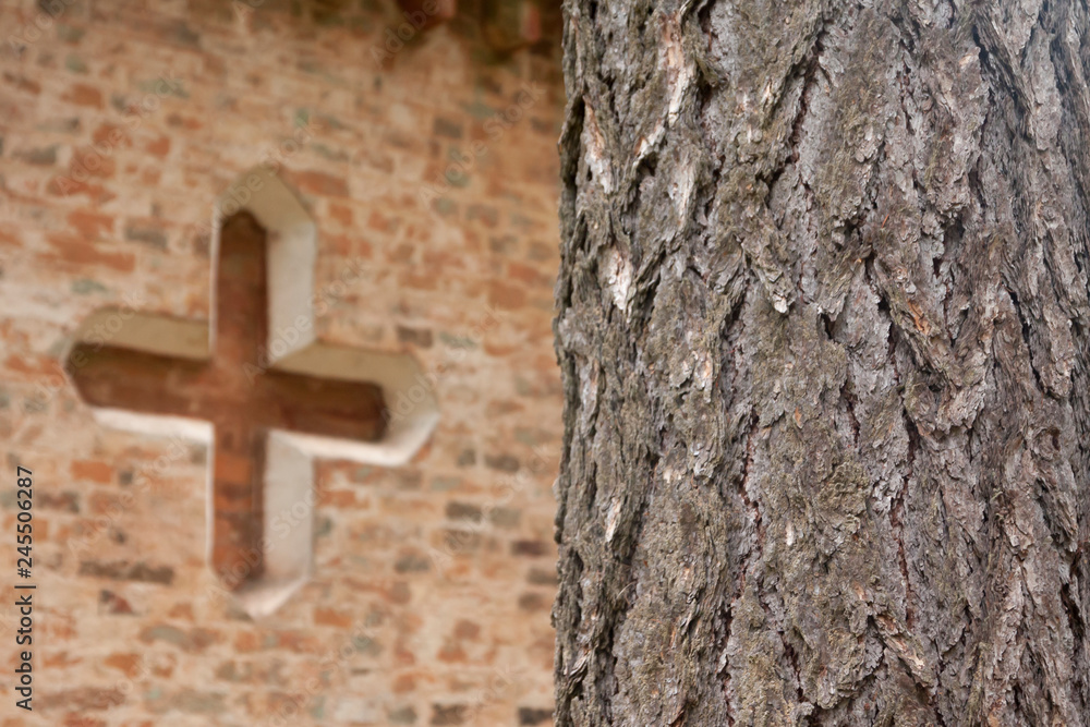 Brick wall of old chapel at cemetery in Finland.