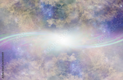 Parallel Universe Portal Background - Two Beautiful   heavenly galaxy planes with complex cloud formations opposite each other,  connected by a stream of light  photo