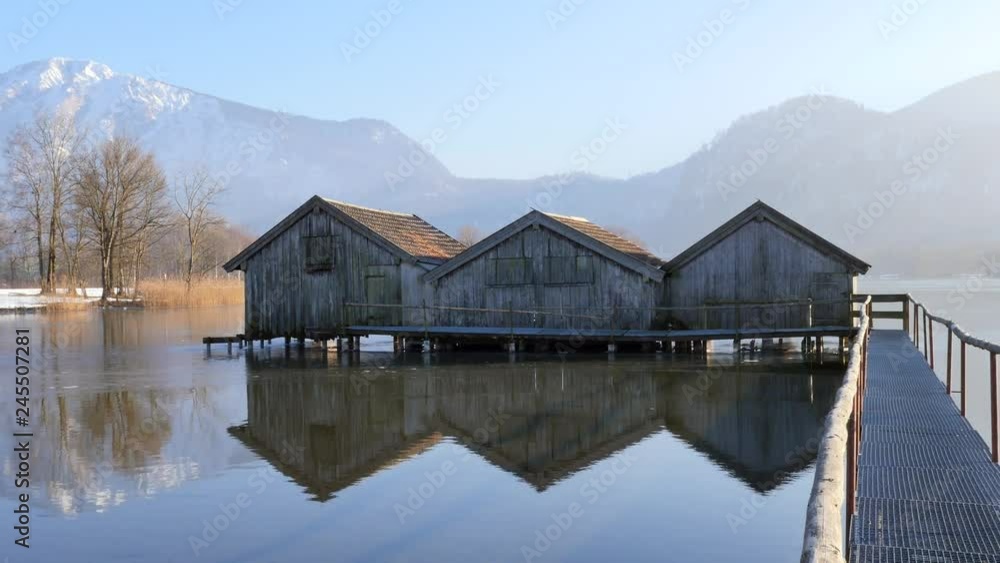 Boathouses on the Kochelsee, Bavaria, Germany Boathouses on the Kochelsee, Bavaria, Germany