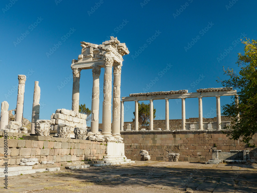 Ruins of the Temple of Trajan in the ancient city of Pergamum or Pergamon's Upper Acropolis area,  Izmir Province, Turkey
