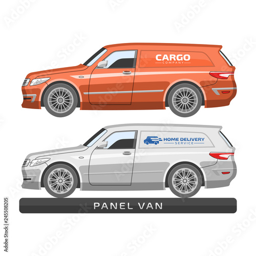  Flat mockup panel van. Vector isolated illustration of commercial station wagon. Colorful estate car set. Cargo vehicles.