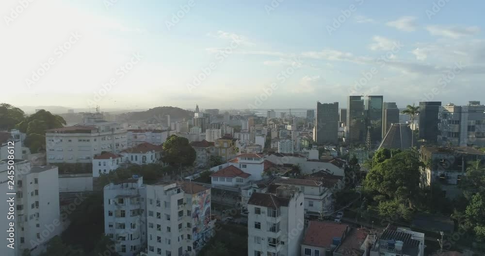 Panning daytime aerial to reveal downtown Rio de Janeiro business district with Lapa Cathedral and Santa Teresa in the foreground Panning daytime aerial to reveal downtown Rio de Janeiro business district with Lapa Cathedral and Santa Teresa in the foreground
