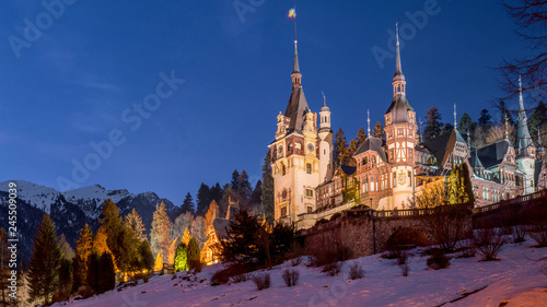 Sinaia  Romania  Peles Castle in a beautiful day of winter  the most famous royal castle of Romania. One of the most well known Romania s landmark  Prahova region.