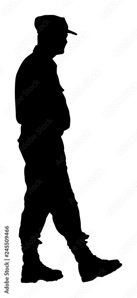 Army soldier with on duty vector silhouette illustration. Memorial day, Veterans day, 4th of July, Independence day. Soldier keeps watch on the guard. Ranger on border. Special unit commandos force