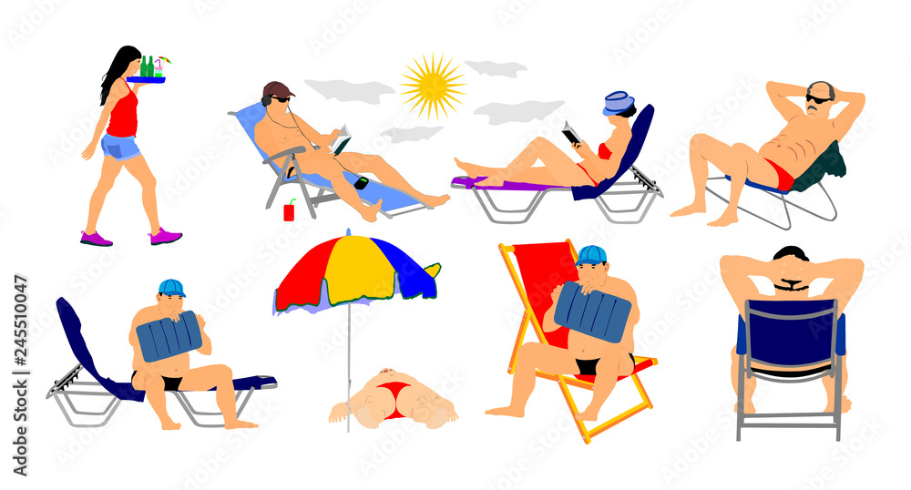 Sunny day on the beach vector illustration. (girl, man, woman, swimmer, tourists). Water sport. Happy people active life. Skin care protection concept. Summer time. Holiday rest and relaxation. Sunny day on the beach vector illustration. (girl, man, woman, swimmer, tourists). Water sport. Happy people active life. Skin care protection concept. Summer time. Holiday rest and relaxation.