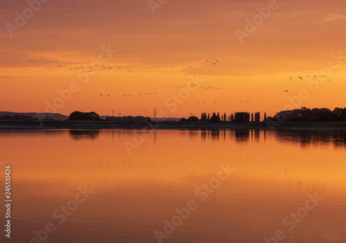 Sunset on a lake in Hohenrode in Germany