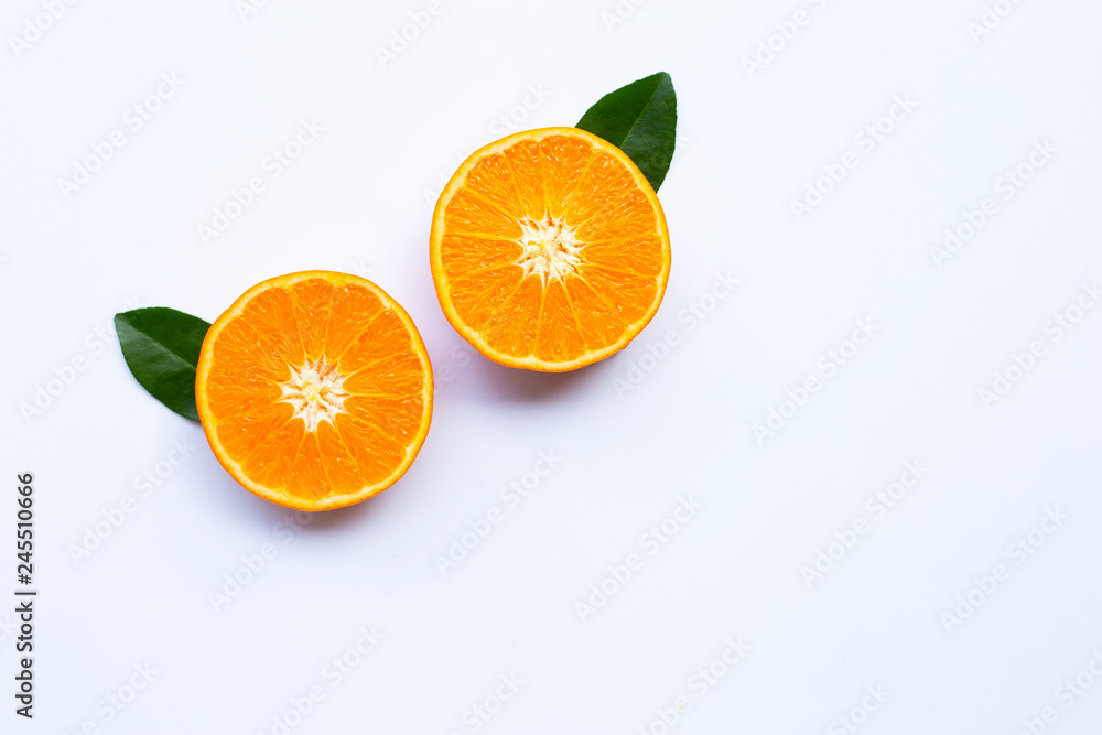 Fresh orange citrus fruits with leaves on white background. Fresh orange citrus fruits with leaves on white background.