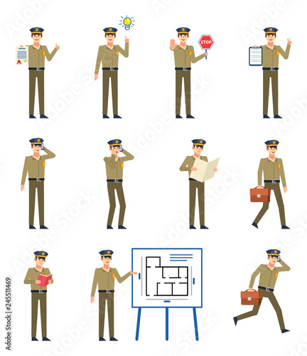 Set of police officer characters showing various actions. Cheerful policeman talking on phone, reading book, holding stop sign, walking and showing other actions. Flat design vector illustration