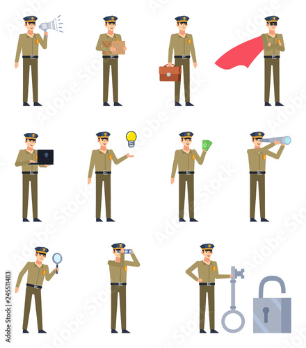 Set of policeman characters showing various actions. Policeman holding loudspeaker, spyglass, binoculars, magnifying glass, pointing to idea and showing other actions. Flat design vector illustration