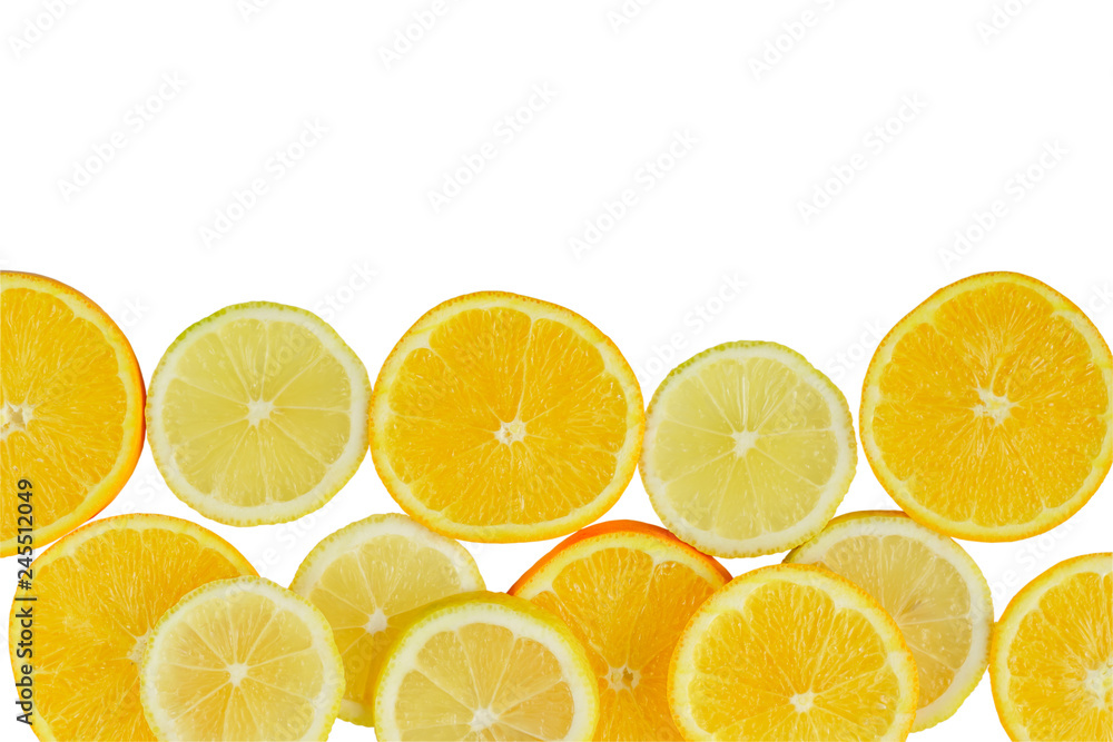 citrus slice, oranges and lemons on white background. Fruits backdrop