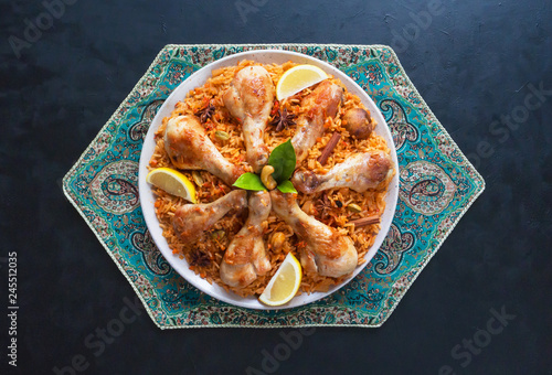 Qatari Chicken Majboos - national dish of Bahrain and Qatar. Arabic cuisine. 