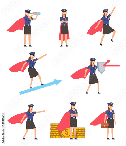 Set of policewoman characters with superhero cloak showing various actions. Super policewoman protecting, flying, holding spyglass and showing other actions. Flat design vector illustration