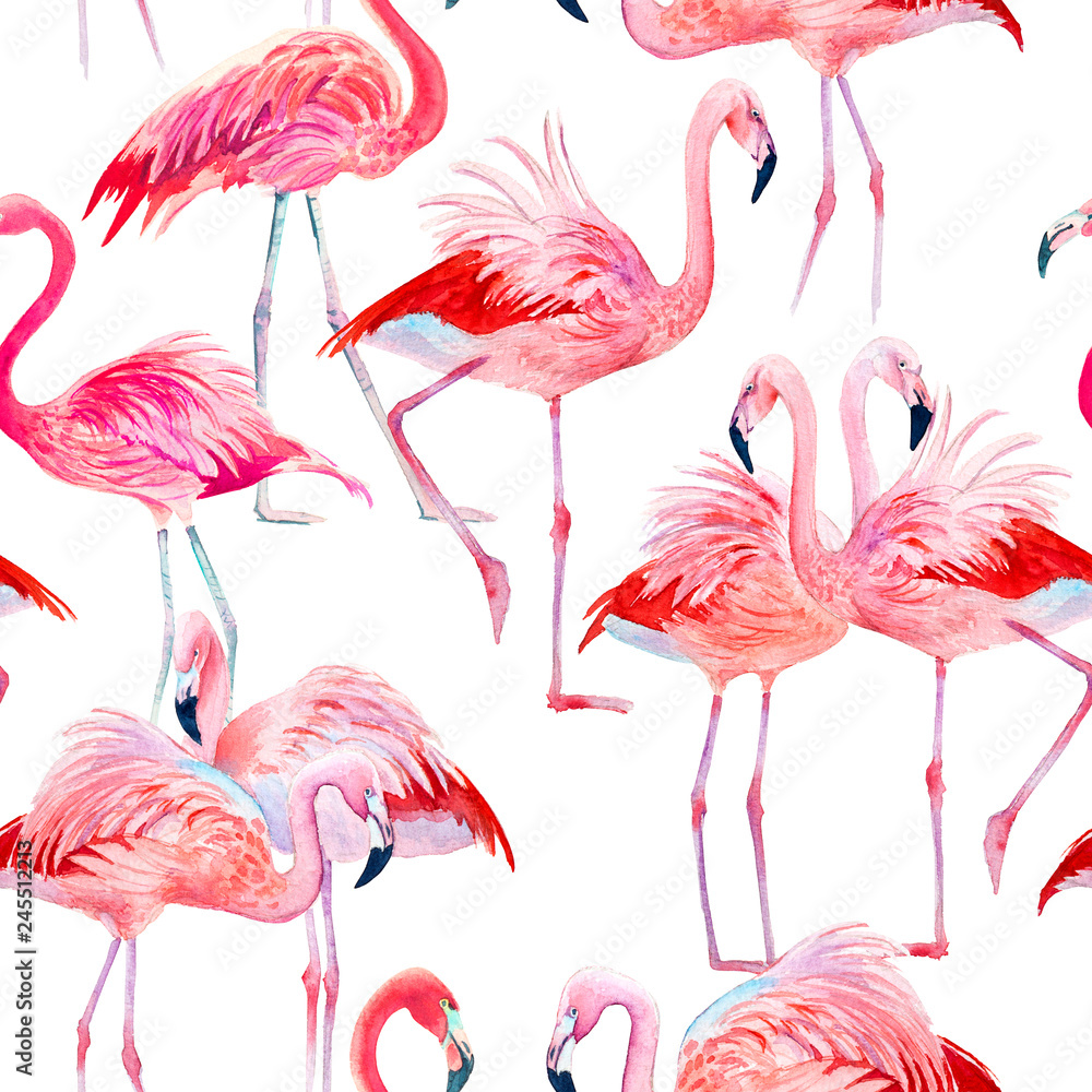 Watercolor seamless pattern pink flamingos illustration.