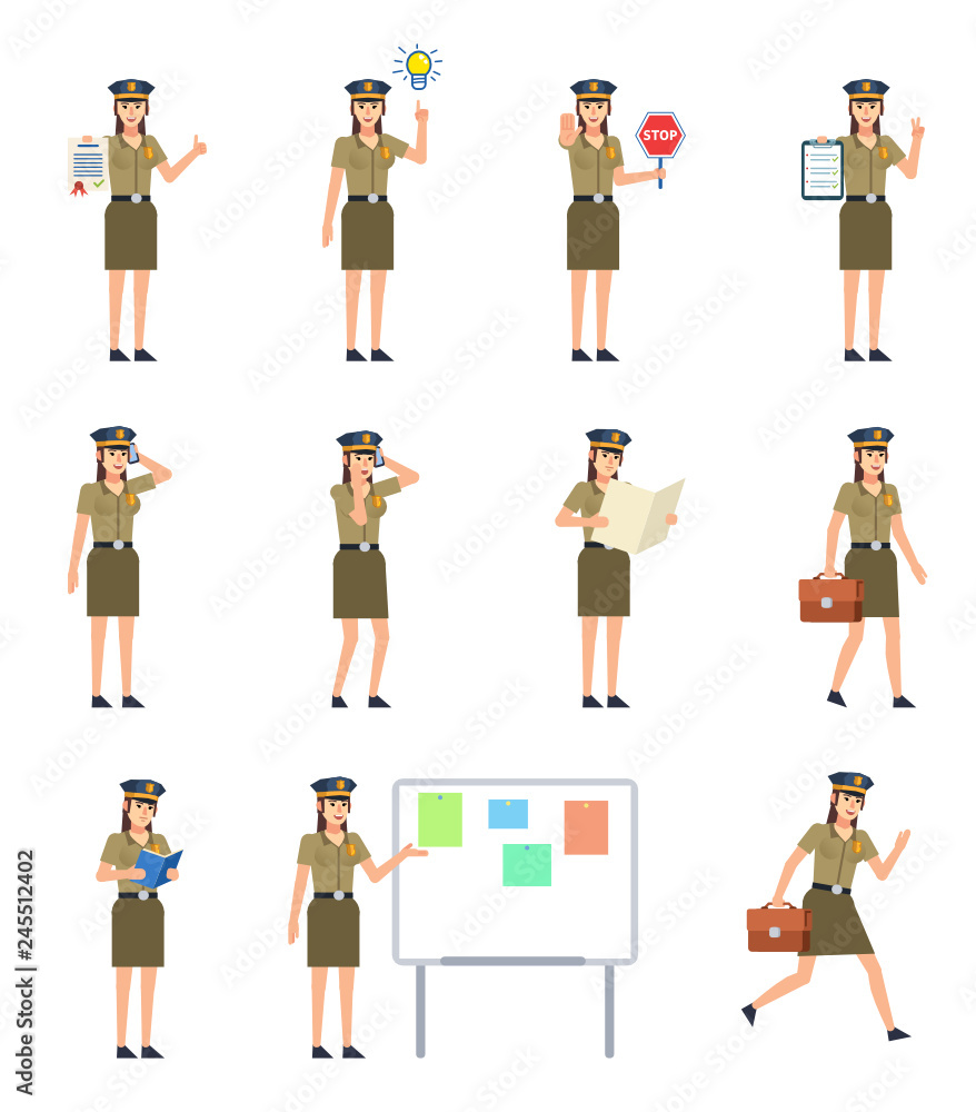Set of policewoman characters showing various actions. Policewoman holding stop sign, document, reading, talking on phone and showing other actions. Flat design vector illustration