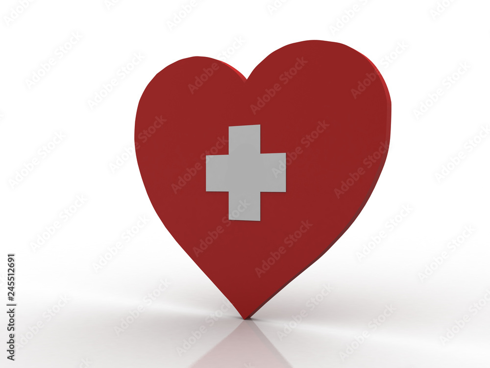 3d rendering plus sign on a heart