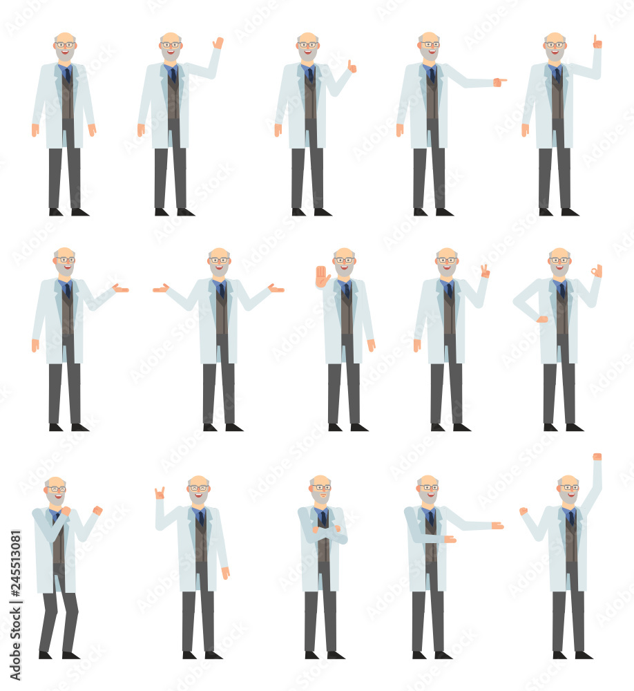Set of old professor characters showing various hand gestures. Cheerful professor pointing, greeting, showing victory hand, thumb up, stop sign and other gestures. Flat design vector illustration Set of old professor characters showing various hand gestures. Cheerful professor pointing, greeting, showing victory hand, thumb up, stop sign and other gestures. Flat design vector illustration