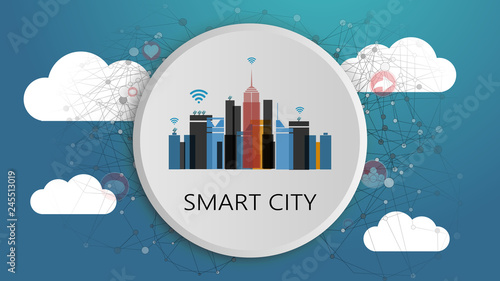 Smart City Design Concept. Network Connections, Colorful Technology Background.