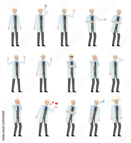 Set of old professor characters showing various emotions. Professor laughing, crying, tired, angry, dazed, sleeping, surprised and showing other expressions. Flat design vector illustration