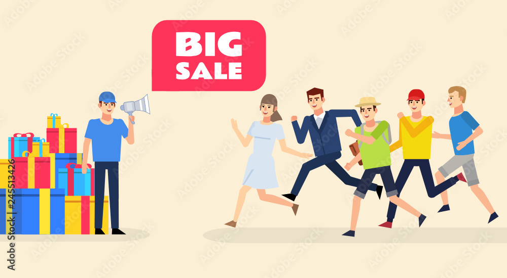 Group of people running to big sale. Black friday, big discounts concept. Flat design vector illustration Group of people running to big sale. Black friday, big discounts concept. Flat design vector illustration